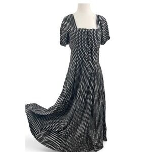 Odessa Tie Front Babydoll Maxi Dress sz 8 Black Floral Square Neck 90s VTG